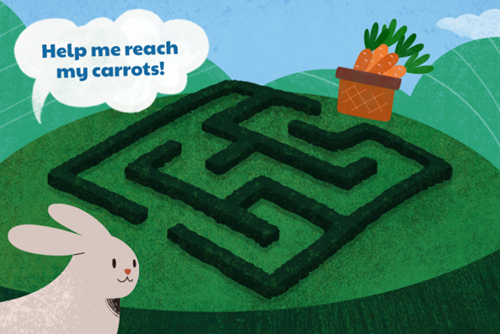 help me reach the carrots maze illustration featuring white bunny and a hedge maze