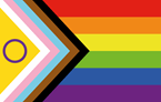 LGBTQIA+ New Pride Flag - A horizontal rainbow with colourful striped arrow representing all gender identities and sexualities.