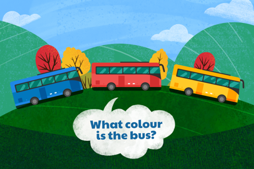 What colour is the bus illustration of a landscape with multicoloured buses.