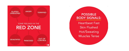 Red Zone - Feelings include elated or overjoyed, angry, terrified, devastated, panicked or out of control. Body signal include heart beating fast, skin flushed, hot/sweating & tense muscles.