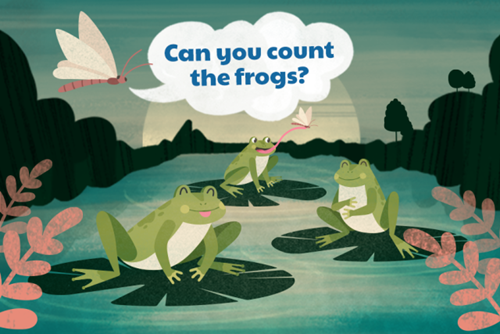 Can you count the frogs illustration with frogs on lily pads in front of a river landscape