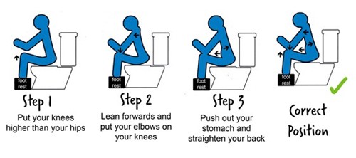 Correct position for toileting - step 1, knees higher than hips. Step 2, lean forwards, elbows on knees. Step 3, Push out stomach, straighten back.