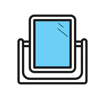 Simple image of a white desk top mirror with blue glass