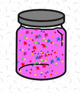 A simple drawing of a transparent jar filled with pink liquid and sequins, glitters and stars floating inside.