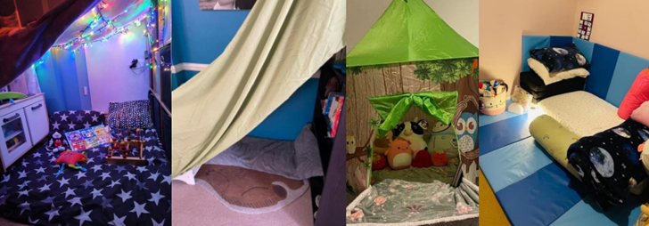 Example of safe spaces including tents, blanket forts and padded corners of homes.