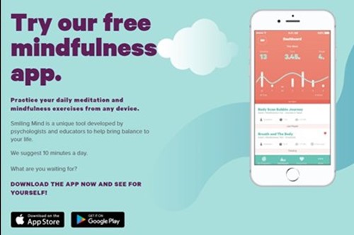 Mindfull ness Ap inforgraphic - A pale turquoise lanscape with a large phone showing the app. Text says Try our free mindfulness app. Find it on Apple App store and Google Play app store.