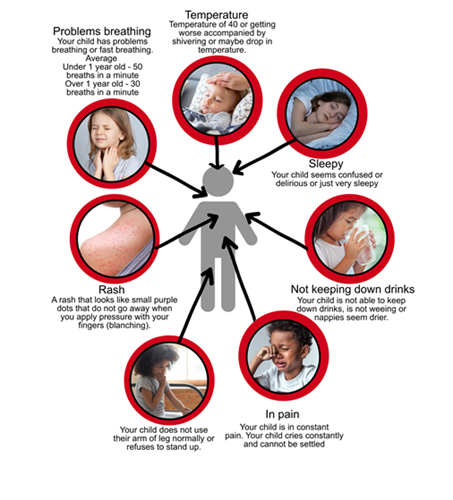 Serious illness graphic. Fever. One symptom. talk to a health professional today, more than one symptom, call your gp or 111 straight away - breathing difficulties, temperature, rash, sleepy, not keeping drink down, pain, unable to stand, or going floppy.