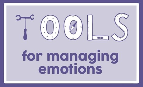 Graphic images saying tools for managing emotions on a purple background. Tools is spelt out with various tools like screwdrivers, set squares and rulers.