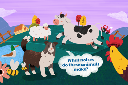 What noises do these animals make illustration with farm animals on a farm landscape including chickens, cows, cat and sheep.