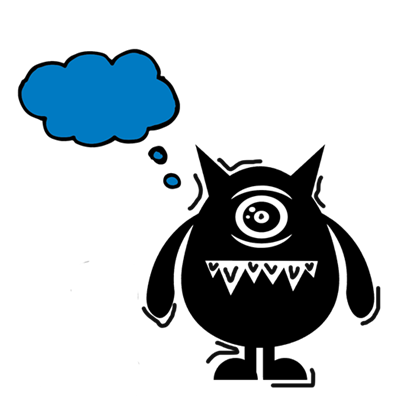 A digital image of a short round black monster with one central eye and big sharp teeth. A blue thought bubble that is empty comes from it's head.