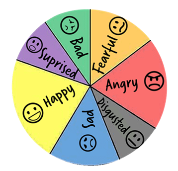 Circle of Feelings Wheel activity - illustration of a circle portioned into different colours with face emojis on them. Yellow = happy, purple = surprised, green =bad, orange = fearful, red = angry, grey = disgusted, blue = sad.